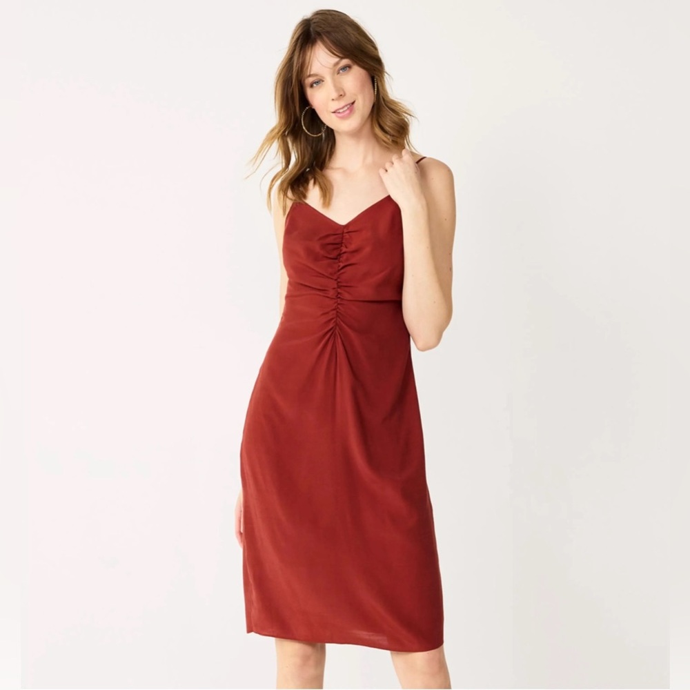 Nine West midi slip dress with ruched front size small and adjustable straps